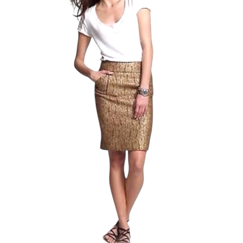 J Crew Crackled Copper Pencil Skirt in Pecan Metallic Size 0 Brown Wool Blend